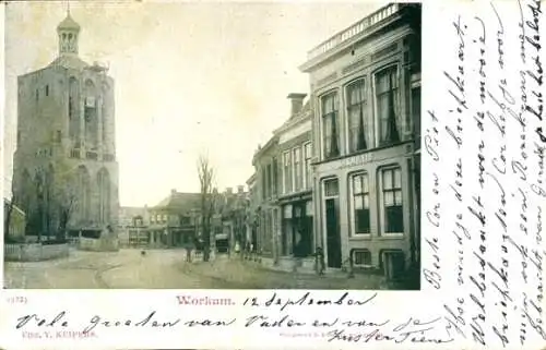 Ak Workum Fryslân Niederlande, Strraßenpartie, Turm