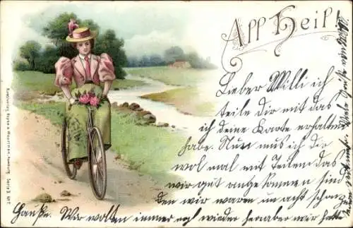 Litho Radfahrerin, Fahrrad, Rosen, All Heil