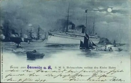 Mondschein Ak Kiel, Schiff, S.M.S. Hohenzollern verlässt den Hafen