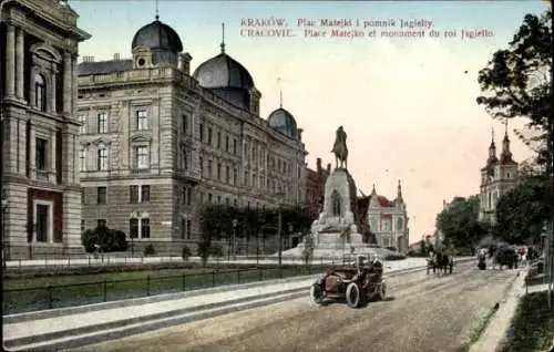 Ak Kraków Krakau Polen, Matejko-Platz, Jagiello-Monument, Auto