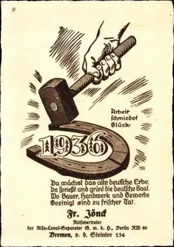 Ak Arbeit schmiedet Glück, Hammer, Hufeisen, Jahr 1936, Werbung, Alfa-Labal-Separator