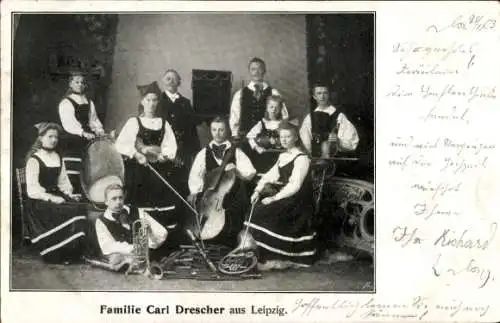 Ak Familie Carl Drescher aus Leipzig, Orchester, Musikinstrumente, Cello, Geige, Trompete