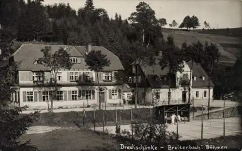 Ak Potůčky Breitenbach Region Karlsbad, Dreckschänke, Gasthaus, Tennisplatz