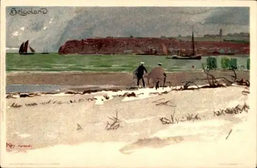 Künstler Litho Heinrich Kley, Helgoland in Schleswig Holstein, Strandpartie, Ober- u. Unterland