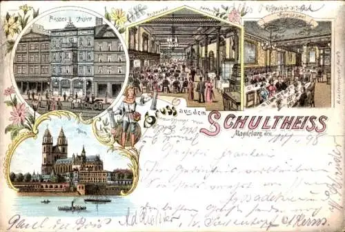 Litho Magdeburg an der Elbe, Hotel Schultheiss, Speisesaal, Dom