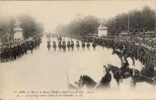 Ak Paris VIII, der König und die Königin von Italien, Cortege kommt am Place de la Concorde an