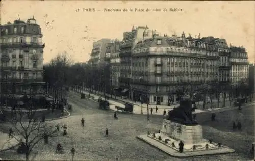 Ak-Observatorium Paris XIV, Panorama des Place Denfert-Rochereau, Löwe von Belfort