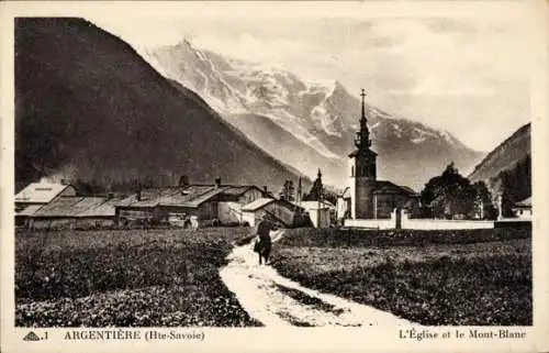 Ak Argentière Haute Savoie, Kirche, Mont-Blanc