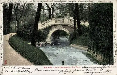 Ak Paris, Parc Monceau, Flusspartie, Brücke, Parkanlage