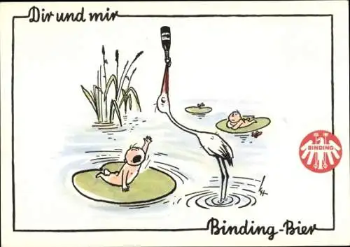 Künstler Ak Dir und mir Binding Bier, Storch trinkt Bier, Weinendes Baby