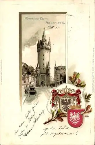 Präge Wappen Passepartout Litho Frankfurt am Main, Eschenheimer Turm