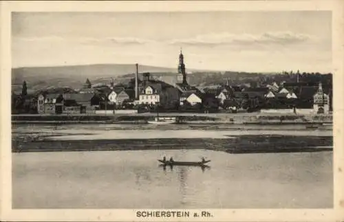 Ak Schierstein Wiesbaden in Hessen, Rhein, Teilansicht, Kirchturm, Ruderboot