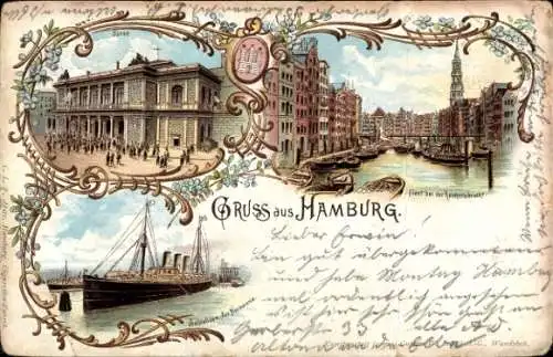 Litho Hamburg Mitte Altstadt, Börse, Schnelldampfer Normannia, Fleet bei der Reimersbrücke