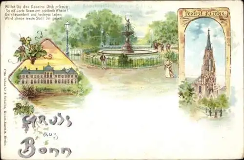 Litho Bonn am Rhein, Poppelsdorfer Allee, Schloss, Kirche