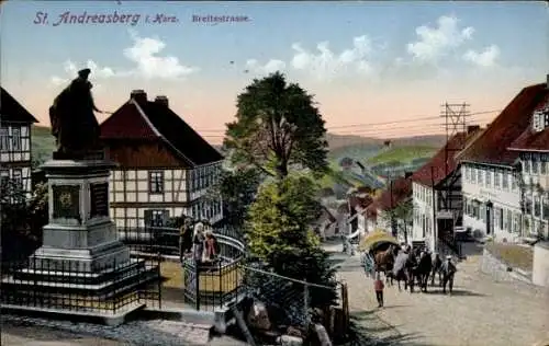 Ak St. Andreasberg Braunlage im Harz, Breitestraße, Denkmal, Fachwerkhäuser, Pferdefuhre