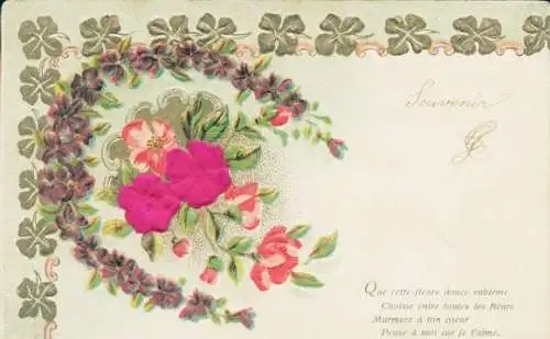 Stoff Präge Litho Rosen, Glücksklee, Kitsch