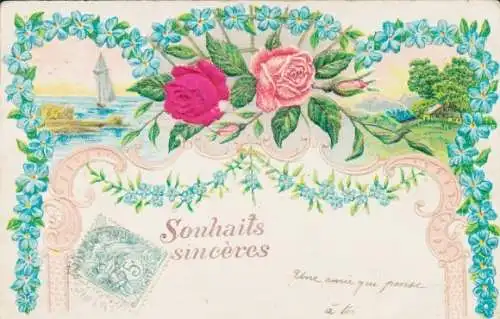 Stoff Präge Litho Rosen, Vergissmeinnicht, Kitsch