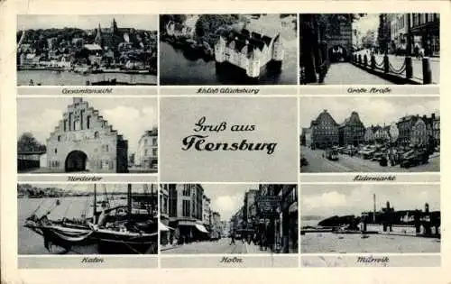 Ak Flensburg in Schleswig Holstein, Gesamtansicht, Schloss Glücksburg, Südermarkt, Hafen, Holm