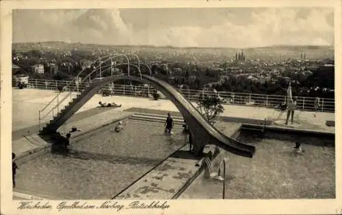 Ak Wiesbaden in Hessen, Neroberg, Opelbad, Rutschbahn, Panorama