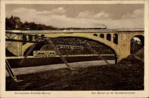 Ak Barmen Wuppertal, Schwebebahn Elberfeld-Barmen, Sonnborner Brücke, Zeppelin, Straßenbahn