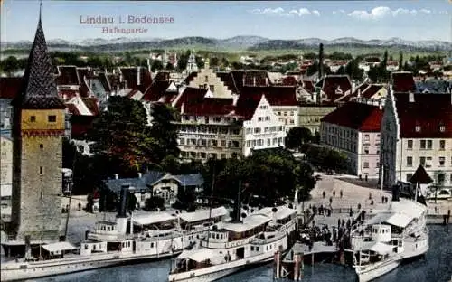 Ak Lindau am Bodensee Schwaben, Hafenpartie, Dampfer, Turm, Panorama