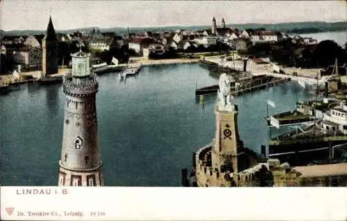 Ak Lindau im Bodensee, Hafeneinfahrt mit Signalturm, Löwe und Stadt