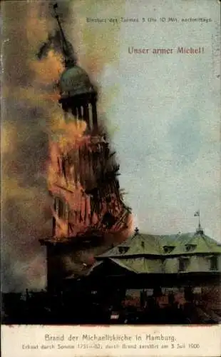 Ak Hamburg, Brand der Michaeliskirche, Einsturz des Turmes nachmittags
