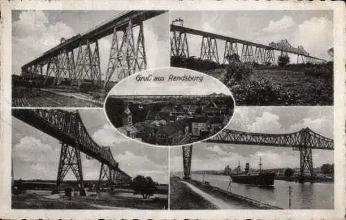 Ak Rendsburg in Schleswig Holstein, Teilansicht, Hochbrücke, Schiff