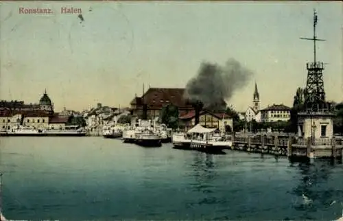 Ak Konstanz am Bodensee, Hafen mit Dampfer und Signalturm