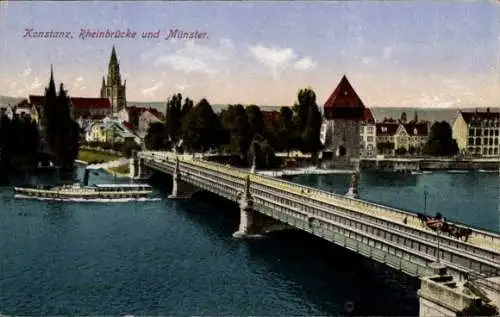 Ak Konstanz am Bodensee, Rheinbrücke, Münster