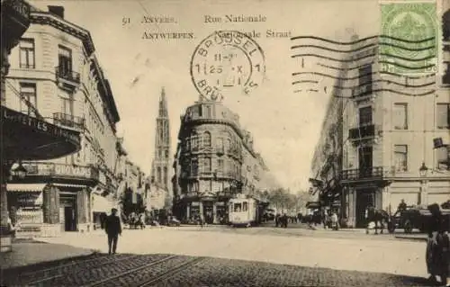 Ak Anvers Antwerpen Flandern, Rue Nationale, Straßenbahn