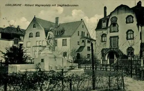 Ak Karlsruhe in Baden, Richard Wagnerplatz mit Siegfriedbrunnen