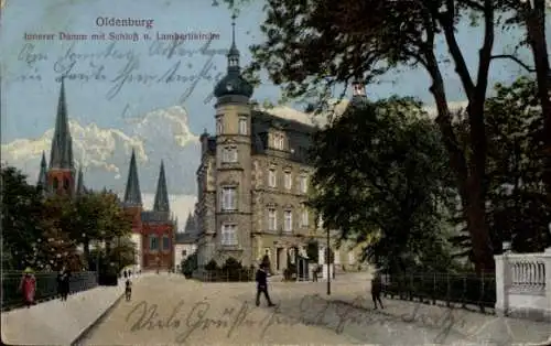 Ak Oldenburg im Großherzogtum Oldenburg, Innerer Damm mit Schloss und Lambertikirche