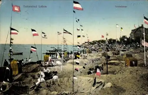 Ak Ostseebad Laboe, Strand, Wimpelketten, Strandkörbe