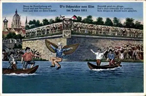 Künstler Ak Ulm an der Donau, Der Schneider im Jahre 1811 vor Zuschauern