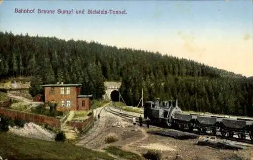 Ak Blankenburg am Harz, Bahnhof Braune Sumpf und Bielsteintunnel, Harz Zahnradbahn