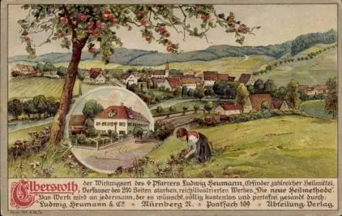 Litho Elbersroth Herrieden in Mittelfranken, Blick zum Ort, Mädchen pflückt Blumen