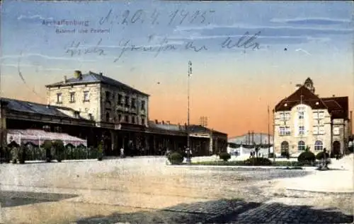 Ak Aschaffenburg in Unterfranken, Bahnhof Straßenseite, Postamt