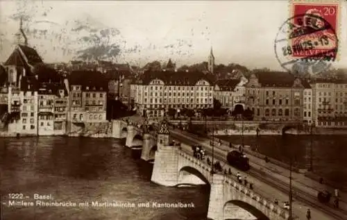 Ak Basel Stadt Schweiz, Mittlere Rheinbrücke, Martinskirche, Kantonalbank