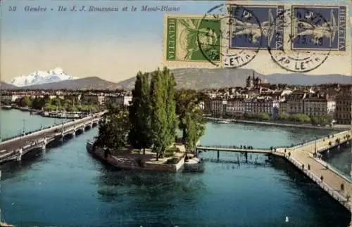 Ak Genève Genf Schweiz, Ile J. J. Rousseau et le Mont-Blanc