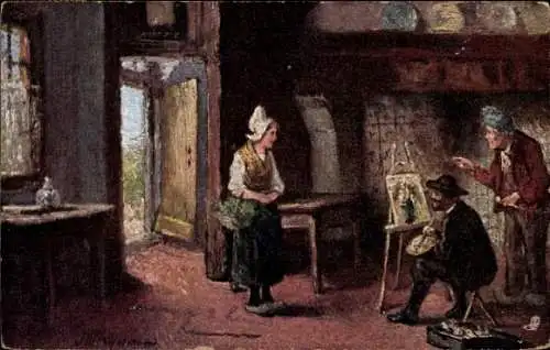 Künstler Ak Frau steht einem Maler Modell