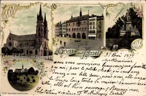Litho Basel Stadt Schweiz, Münster, Rathaus, Kirche, St. Jakobsdenkmal