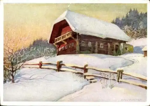 Künstler Ak Reckziegel, Anton, Krieglach Steiermark, Peter Roseggers Geburtshaus, Winter