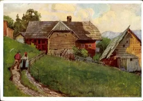 Künstler Ak Bauerngehöft in Krieglach Steiermarkt, Peter Roseggers Heimat