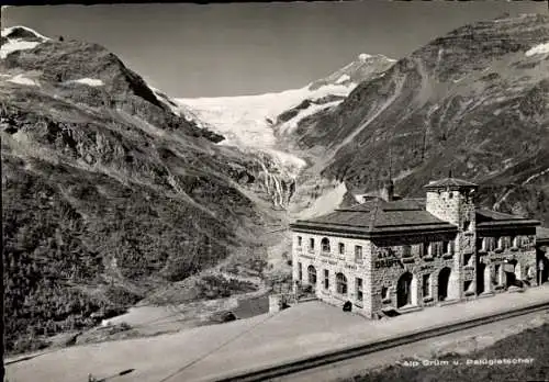 Ak Alp Grüm Kt. Graubünden, Bahnhof, Panorama, Palügletscher