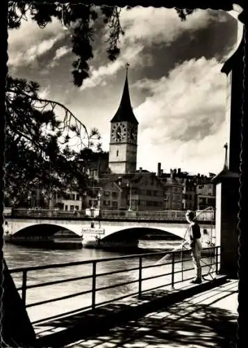 Ak Zürich Stadt Schweiz, Helmhausbrücke, Peterskirche