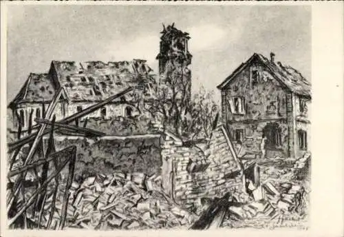 Künstler Ak Gachot, Jacques, Gambsheim Bas Rhin, Ruine, zerstörte Kirche