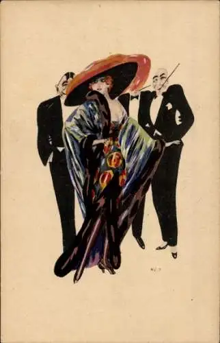 Künstler Ak Dame im bunten Kleid mit großem Hut, Männer im Frack