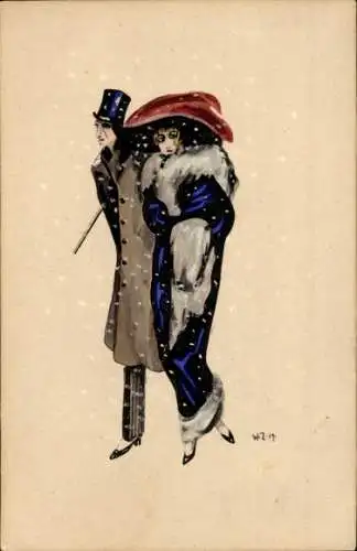 Künstler Ak Dame im blauen Mantel und Hut im Schneefall