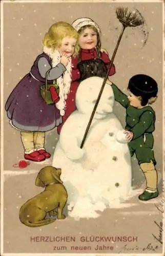 Litho Glückwunsch Neujahr, Kinder bauen einen Schneemann, Dackel